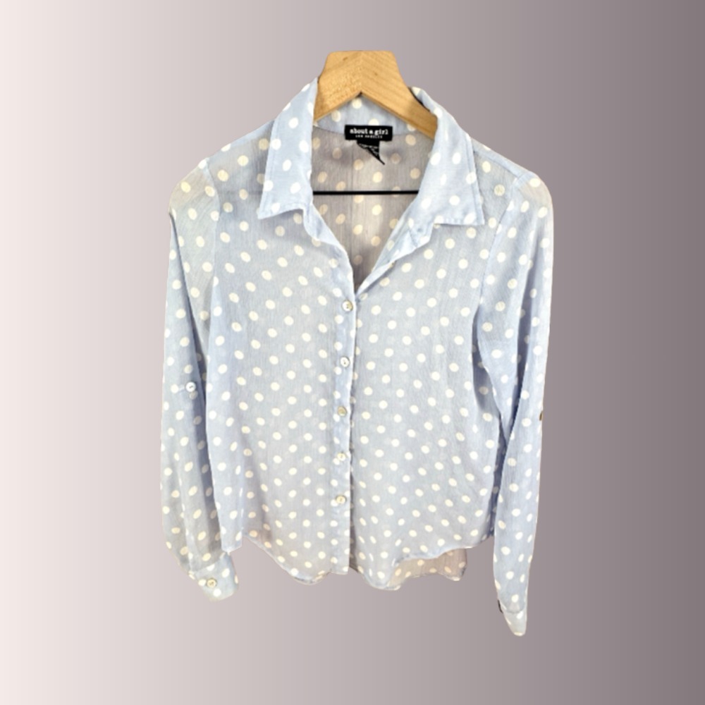 About A Girl Blouse Womens Light Blue, Sheer, Polka Dot SMALL